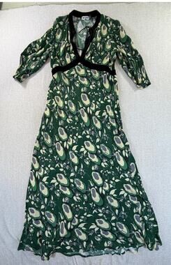 Rixo Women's 6 Green Abstract Print Elbow Sleeve Maxi Dress Boho Designer Resort